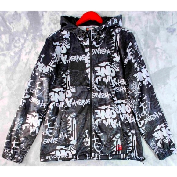 AND1 Black Grey Graffiti Full Zip Y2K Streetwear Hoodie Jacket Size Medium - Picture 1 of 13